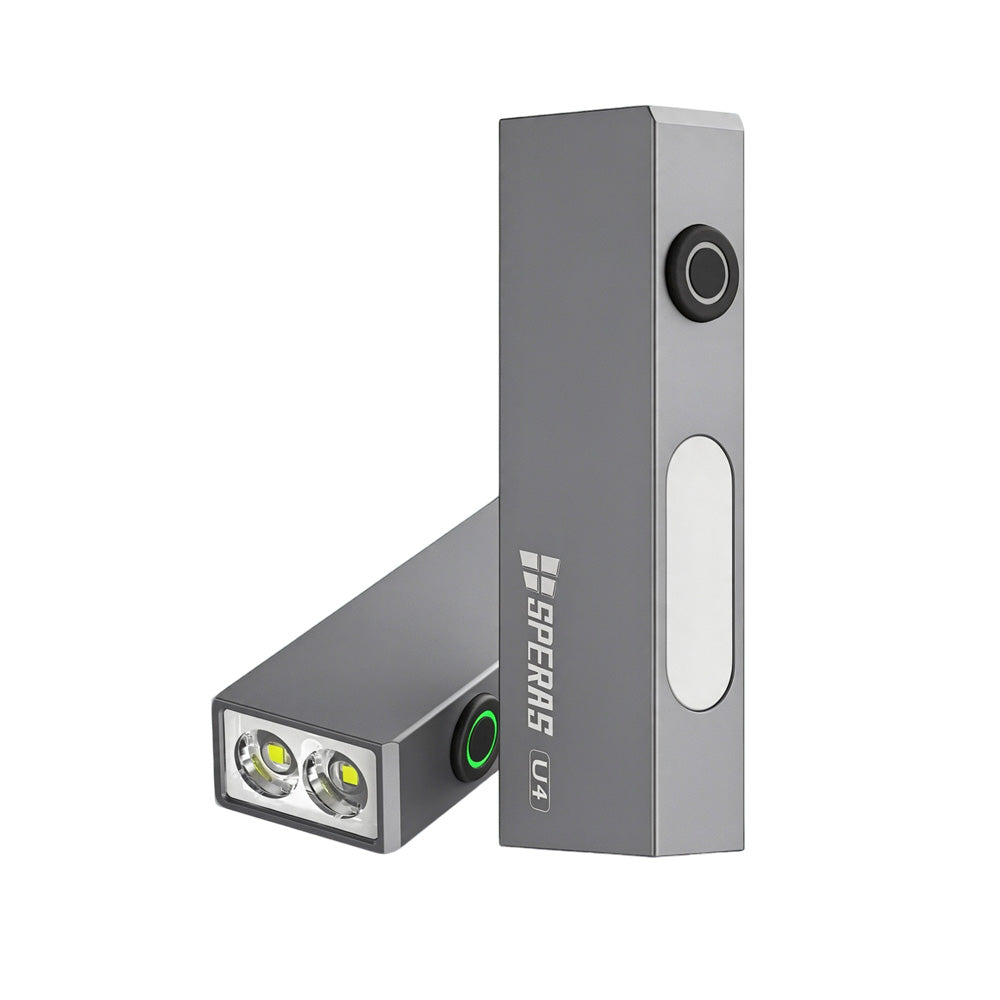 SPERAS U4 grey EDC keychain flashlights showing dual front LEDs and green power indicator button