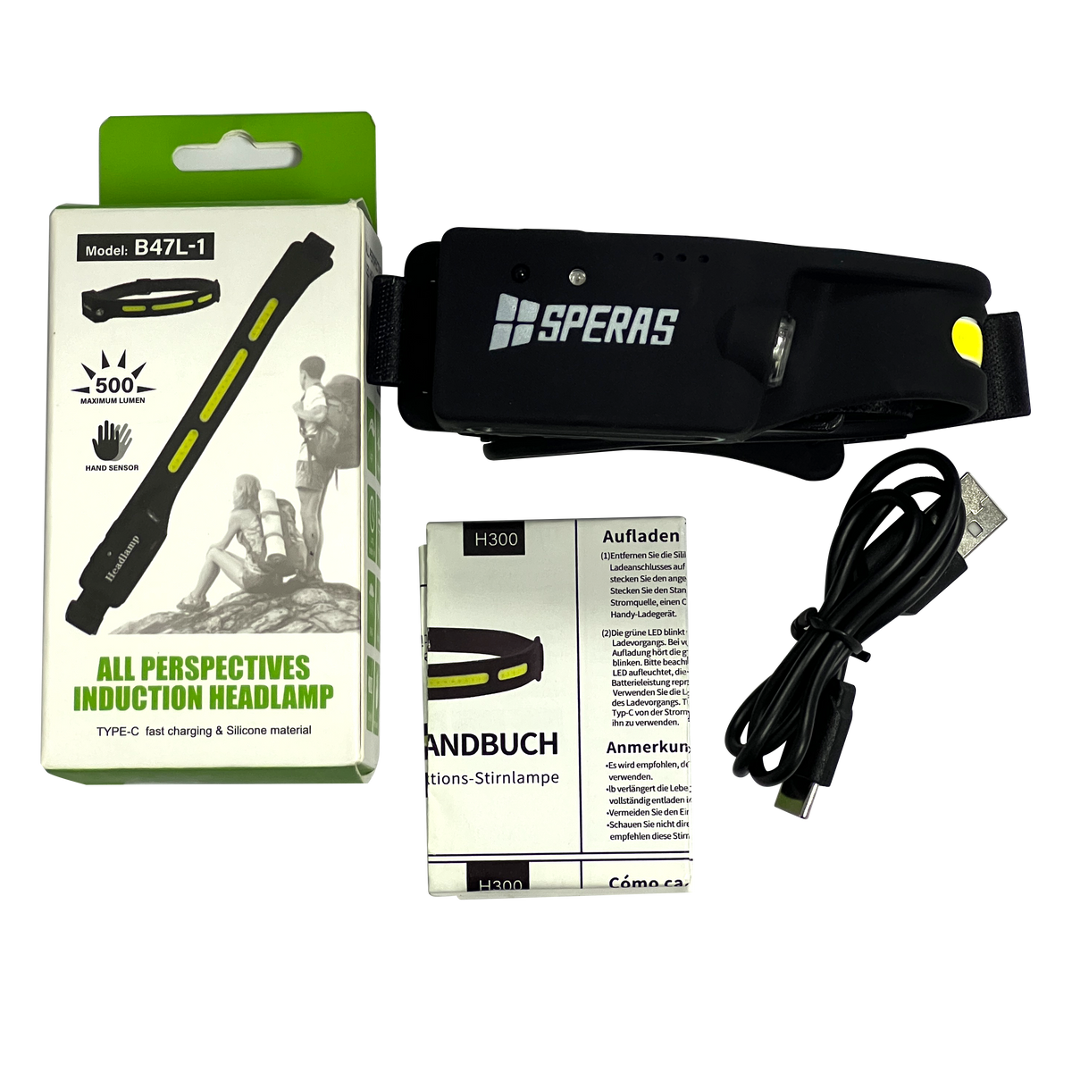 SPERAS B47L-1 motion sensor headlamp complete package contents with box, USB-C cable, and manual