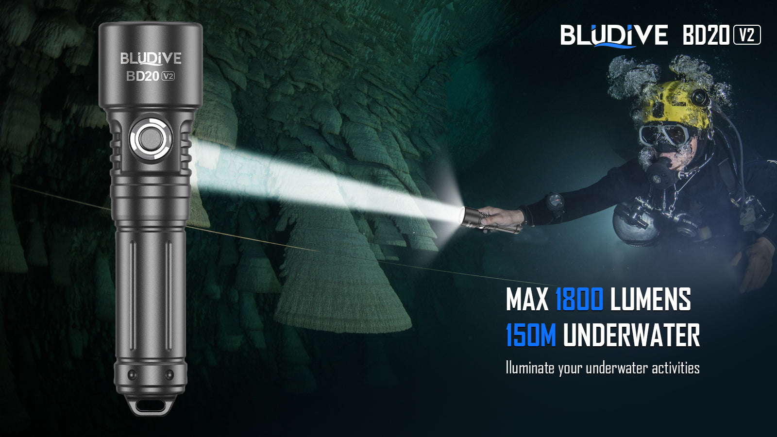 Bludive BD20 V2 1800 lumen 641m throw underwater dive flashlight in action