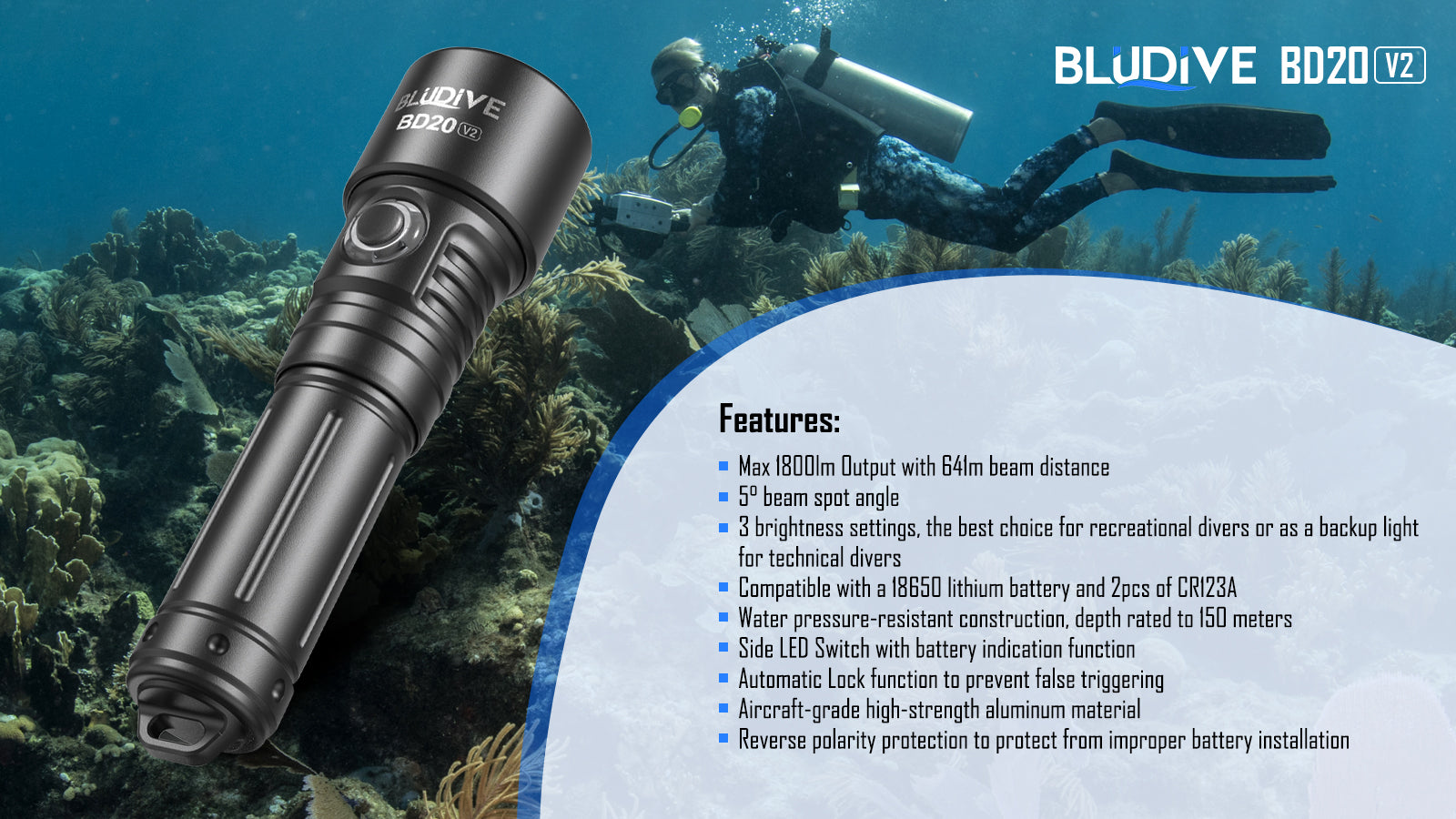 BLUDIVE BD20 V2 5-Degree Spot Beam 641m Throw
