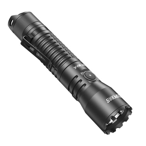 Head view of SPERAS EST Max featuring CREE XHP50.3 HD LED and orange peel reflector for 279m throw