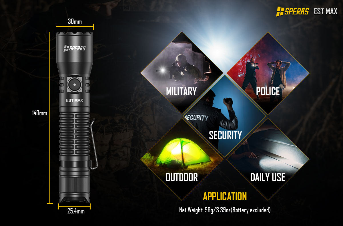 Military grade tactical duty flashlight SPERAS EST MAX extreme durability