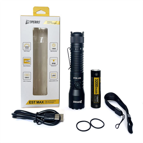 Inside the box of SPERAS EST Max flashlight including USB-C cable, 18650 battery, lanyard, and spare O-rings