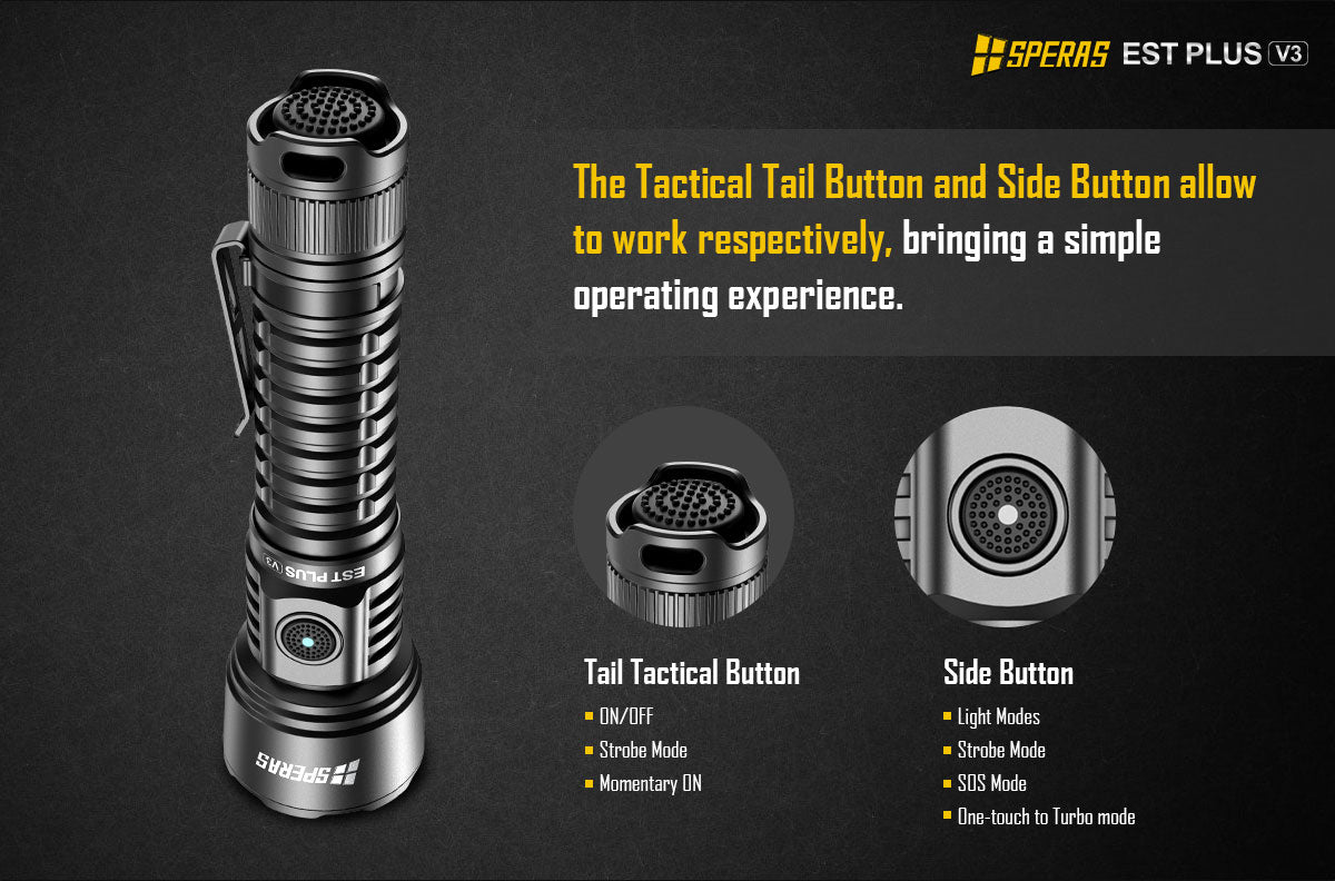 Tactical dual button interface on the SPERAS EST PLUS V3 flashlight