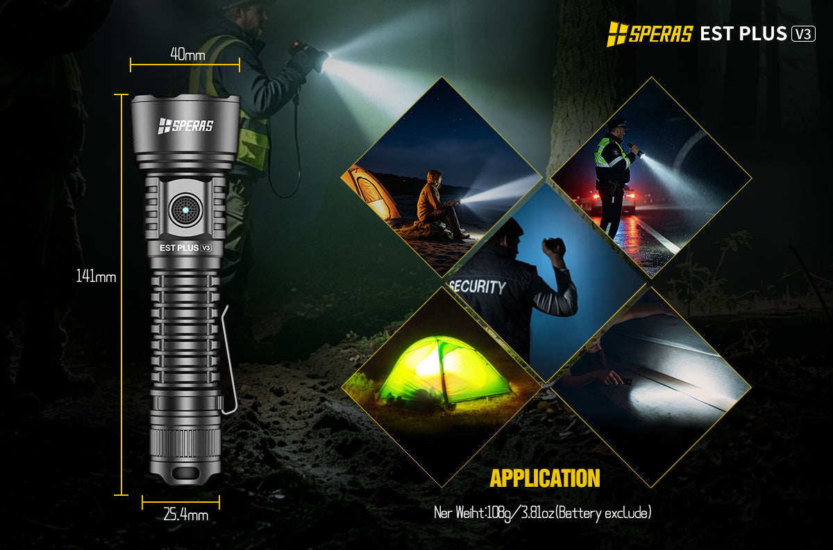 Compact size and dimensions of SPERAS EST PLUS V3 tactical flashlight