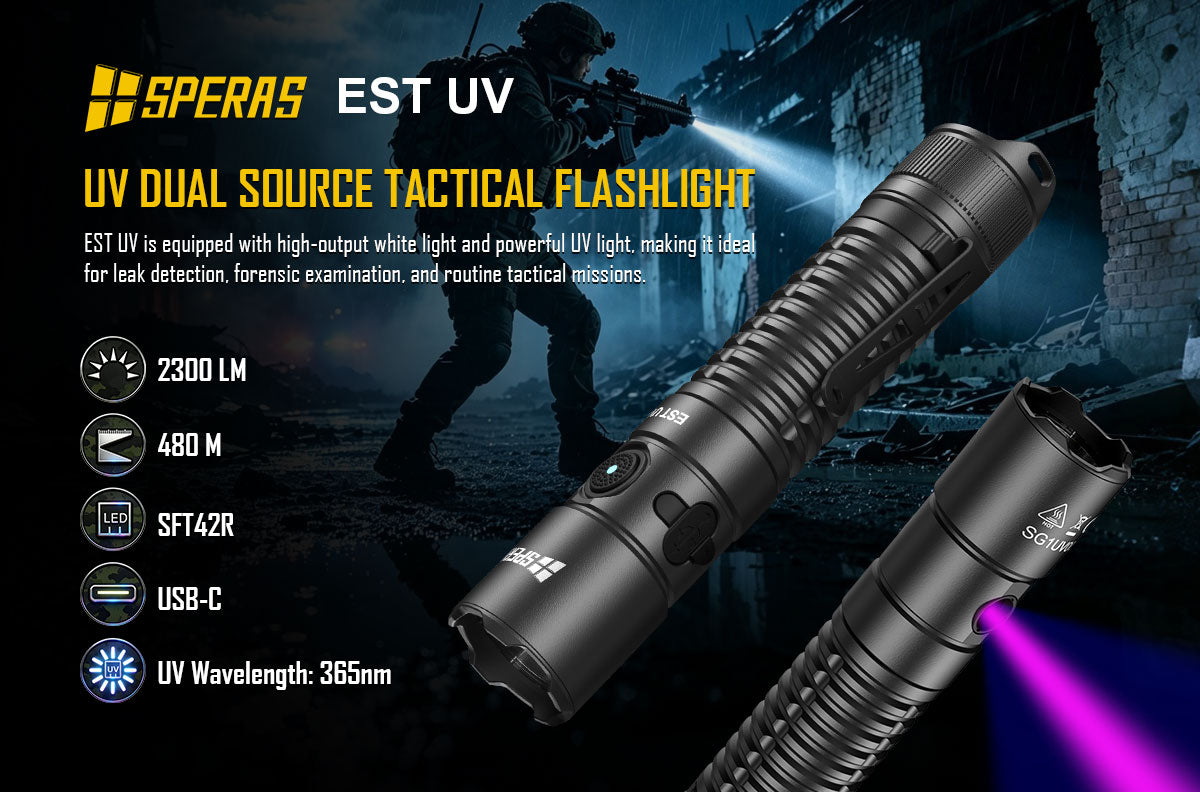 SPERAS EST UV dual source tactical flashlight 2300lm 480m