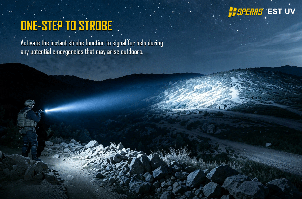 Dual light source flashlight with instant one-step strobe activation
