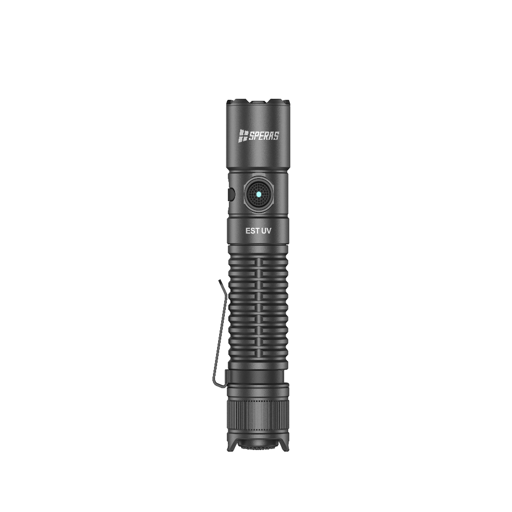 Front view of the SPERAS EST UV dual source tactical flashlight showing the side switch and power indicator