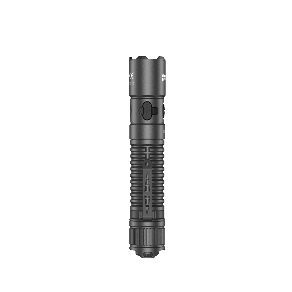 Side profile of the SPERAS EST UV rechargeable flashlight displaying the USB-C port cover and pocket clip