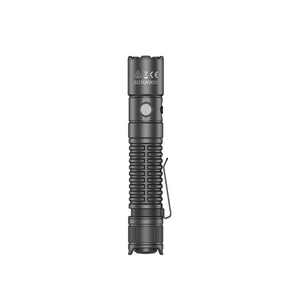 Back view of the SPERAS EST UV tactical light showing the 5W 365nm UV lens and black glass filter