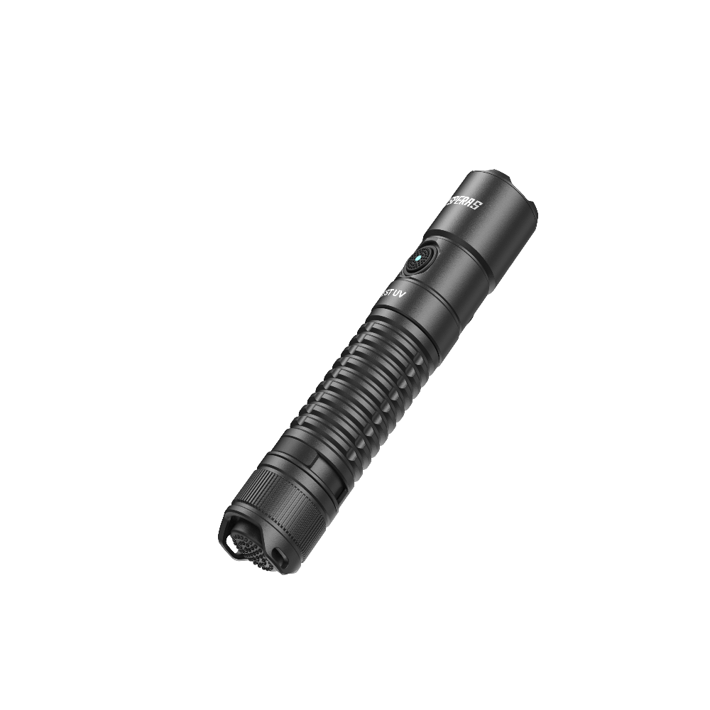 Top-down angled view of the SPERAS EST UV flashlight highlighting the tactical tail switch design