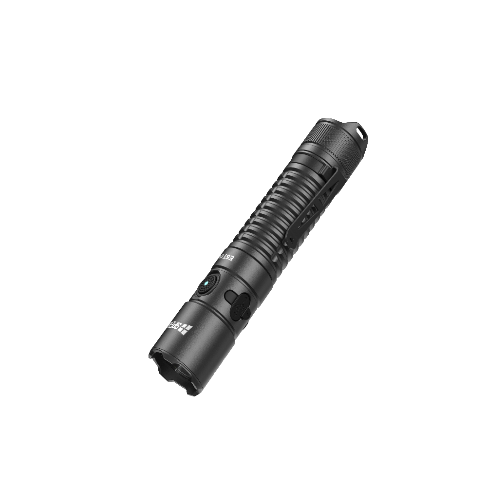 Bottom-up angled view of the SPERAS EST UV tactical flashlight showing the strike bezel and rugged body