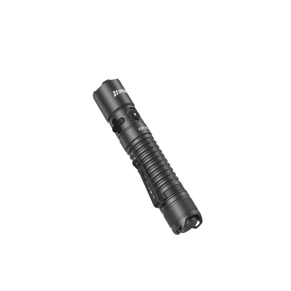 Angled perspective of the SPERAS EST UV flashlight emphasizing the pocket clip and UV lens placement