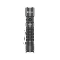 Front view of the SPERAS EST UV dual source tactical flashlight showing the side switch and power indicator