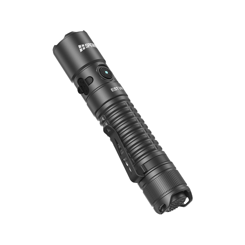 Angled perspective of the SPERAS EST UV flashlight emphasizing the pocket clip and UV lens placement