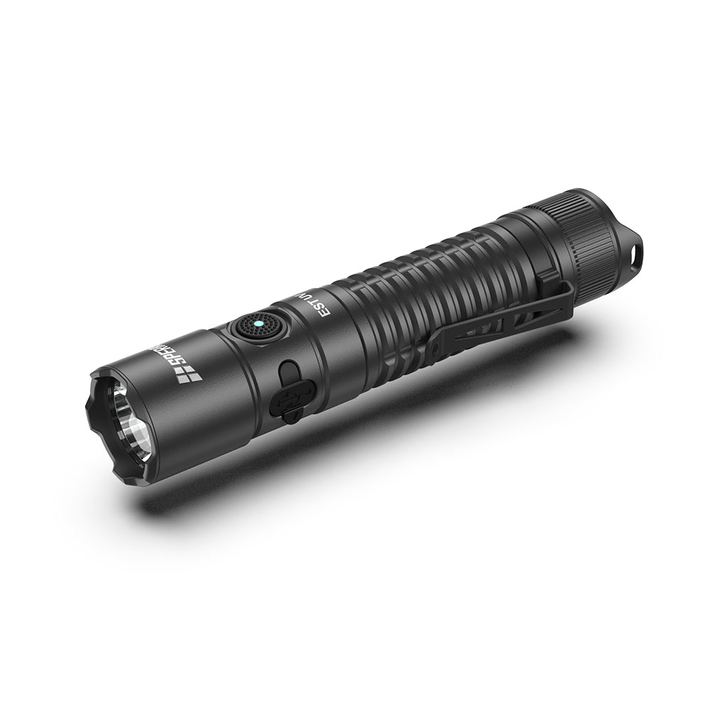 Horizontal view of the SPERAS EST UV dual light flashlight showing the main white light reflector and LED