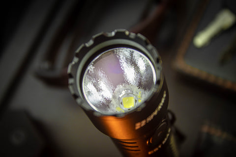 Close up of the CREE XHP50.3 HD LED and textured orange peel reflector on the SPERAS EST MAX 2500lm tactical flashlight