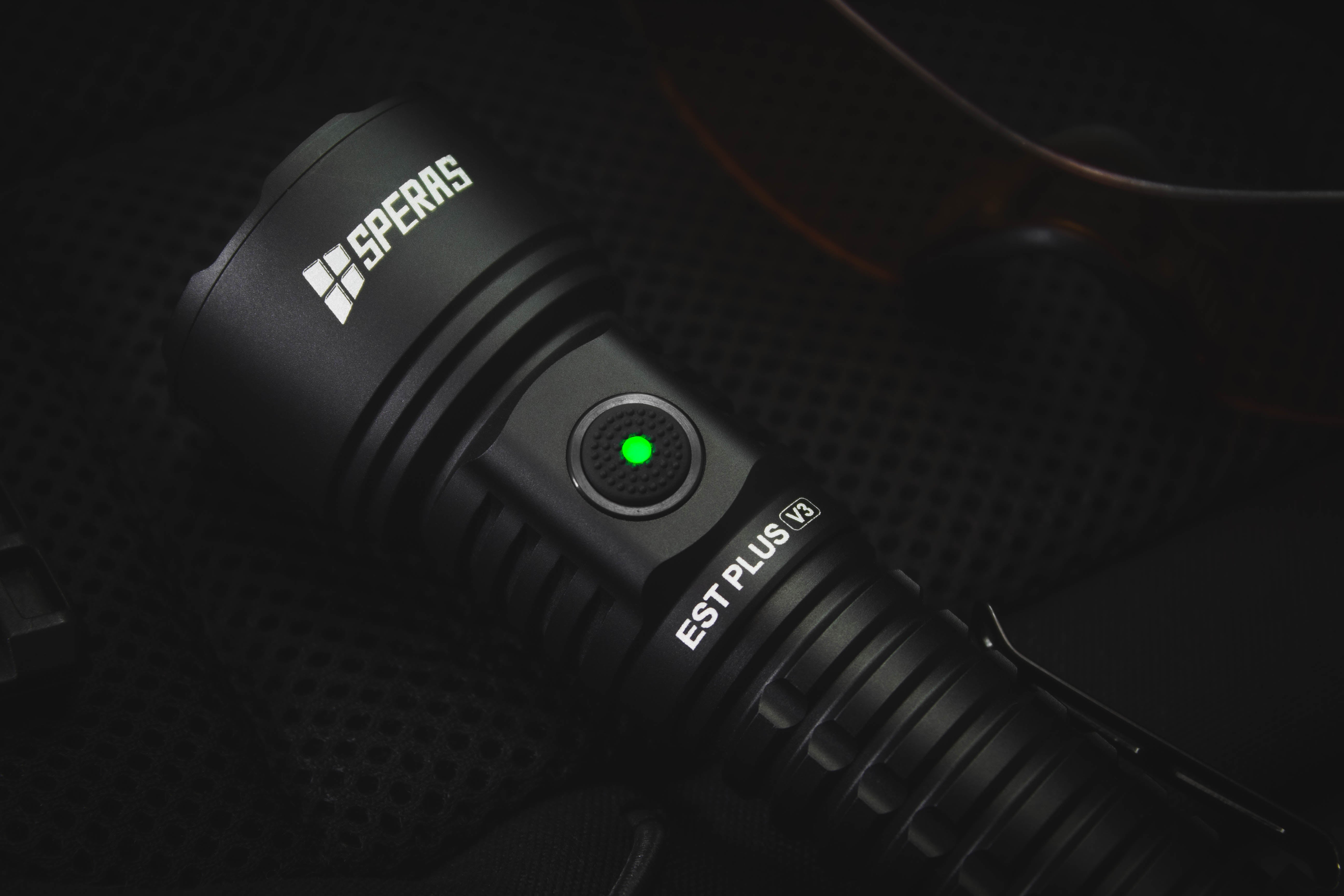 Responsive side switch with green battery indicator on the SPERAS EST PLUS V3 providing one step instant turbo access for law enforcement and SAR teams