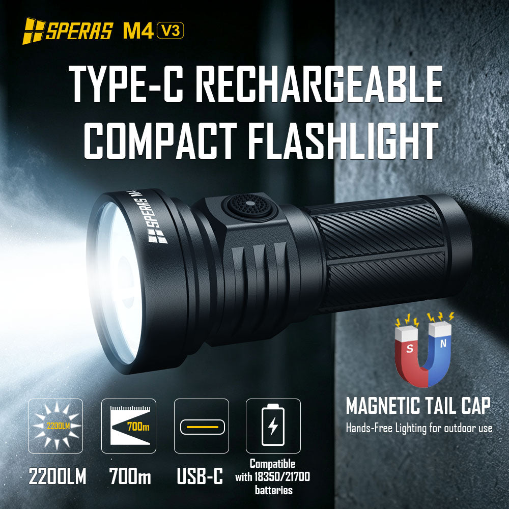 SPERAS M4 V3 Compact Type-C Rechargeable Tactical Flashlight 2200lm 700m for self defense