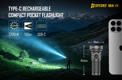 SPERAS M4 V3 compact tactical flashlight size comparison and 700m throw for security