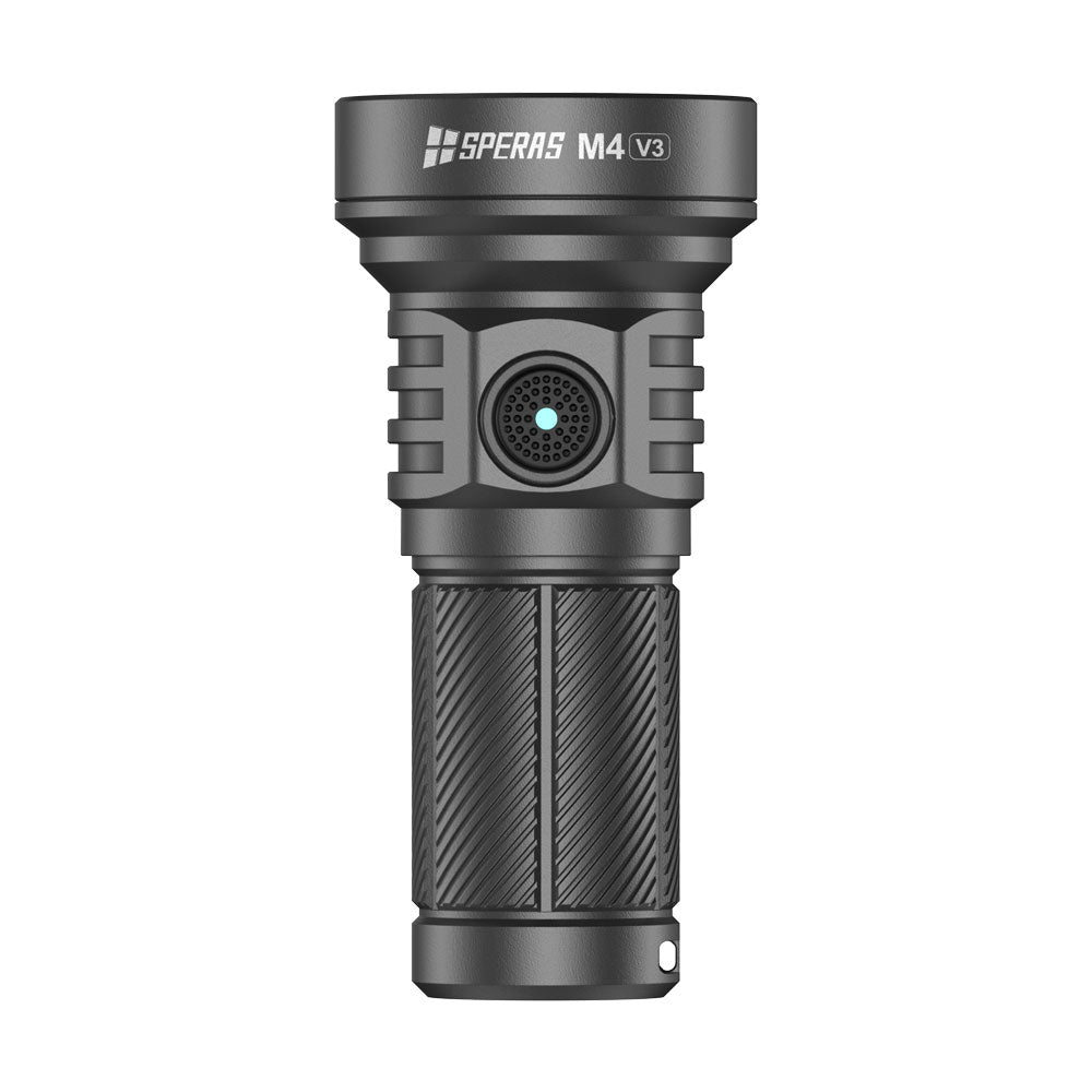 Front view of the SPERAS M4 V3 Compact EDC Flashlight, highlighting the smart side switch with built-in battery power indicator.