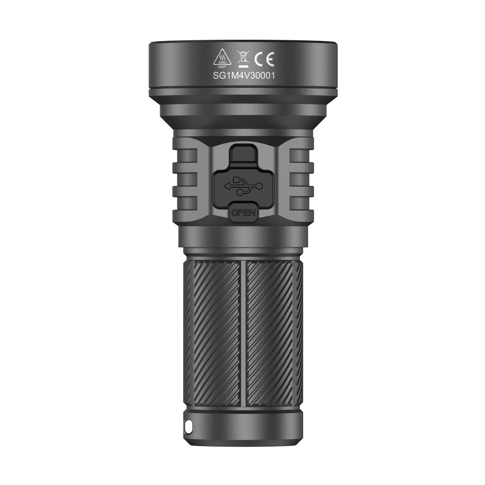 Rear view of the SPERAS M4 V3 Type-C Rechargeable Flashlight, showing the secure waterproof cover for 45-min fast charging.