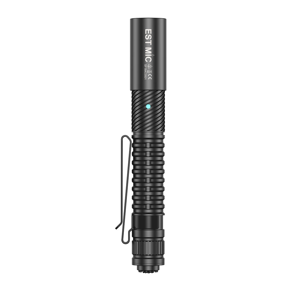 Side profile view of SPERAS EST MIC mini flashlight highlighting status indicator