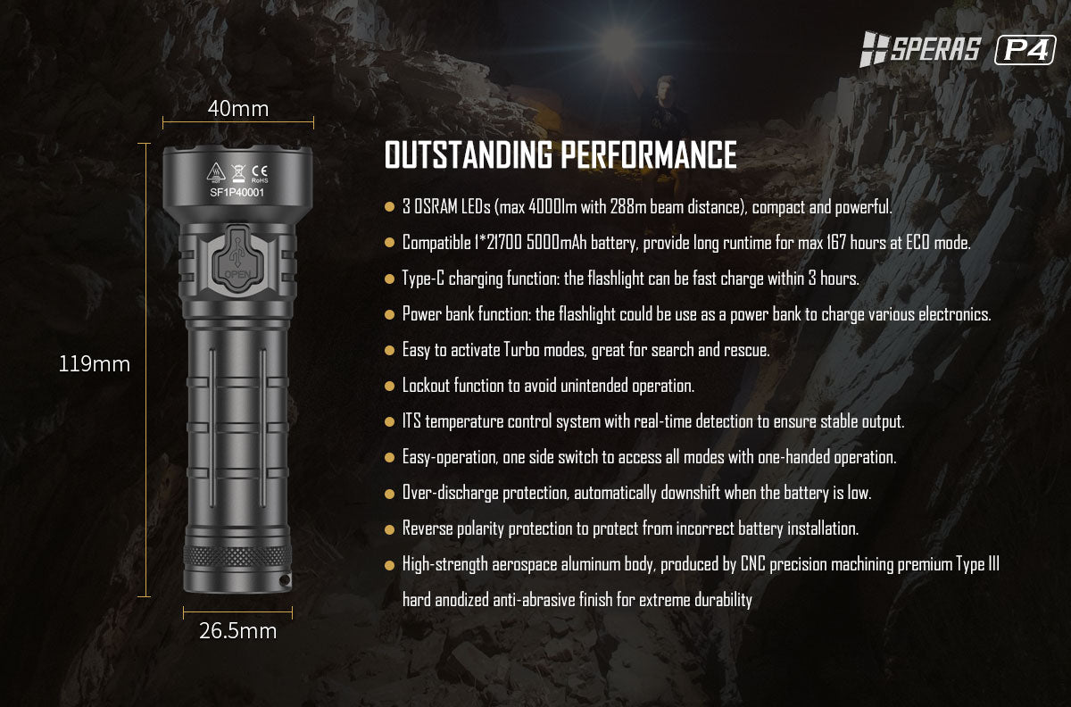 SPERAS P4 compact tactical duty flashlight 119mm dimensions