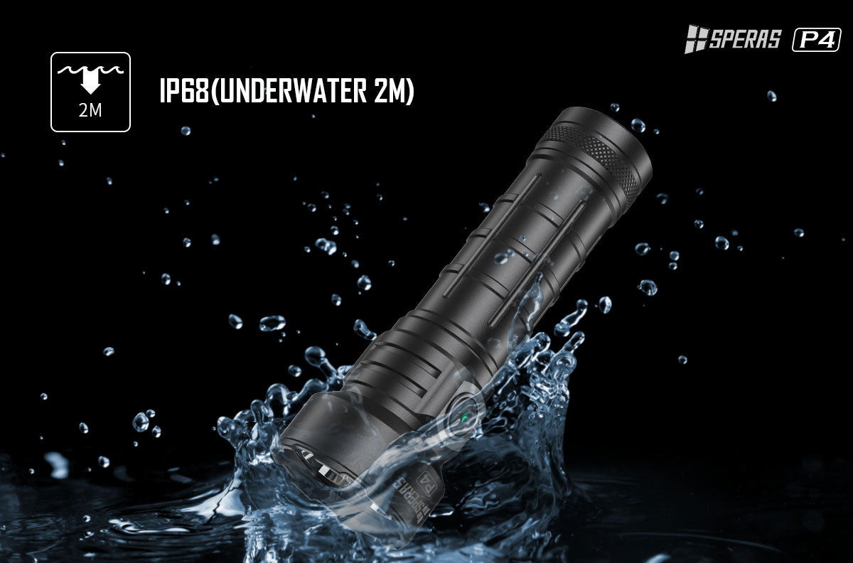 SPERAS P4 IP68 waterproof tactical flashlight splashing in water
