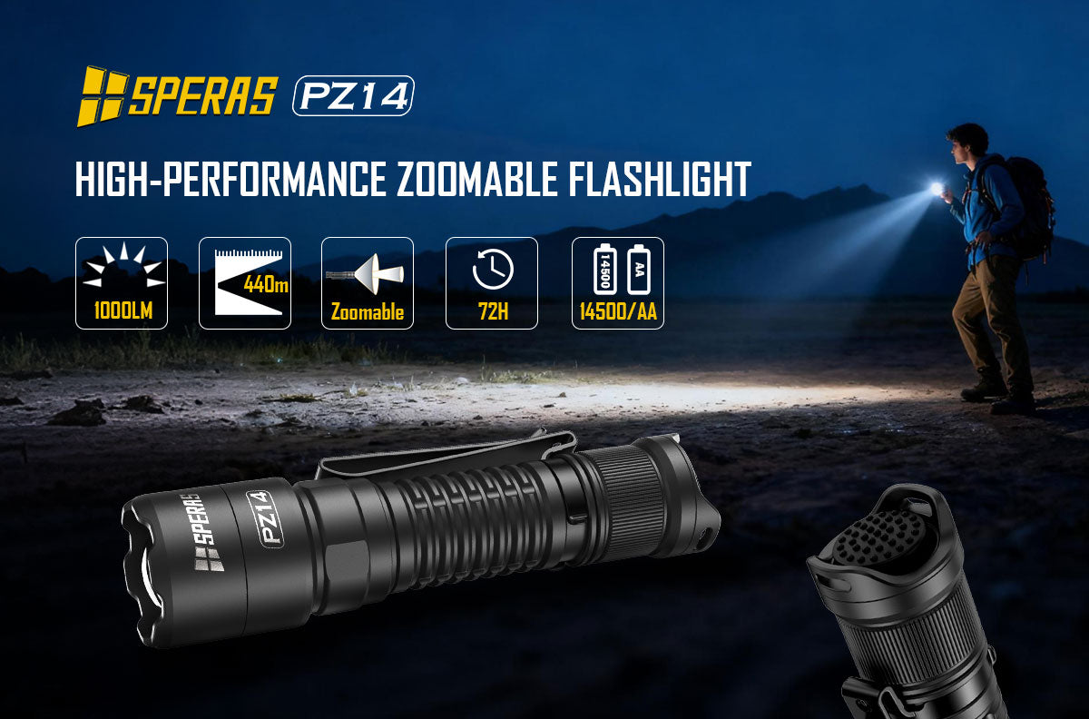 SPERAS PZ14 Compact Zoomable Tactical Flashlight | 1000LM 440M