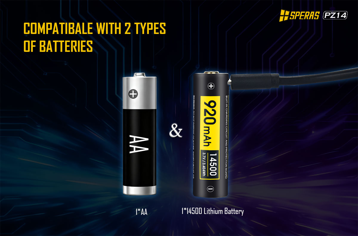 SPERAS PZ14 dual battery compatibility showing 14500 rechargeable lithium and standard AA battery support