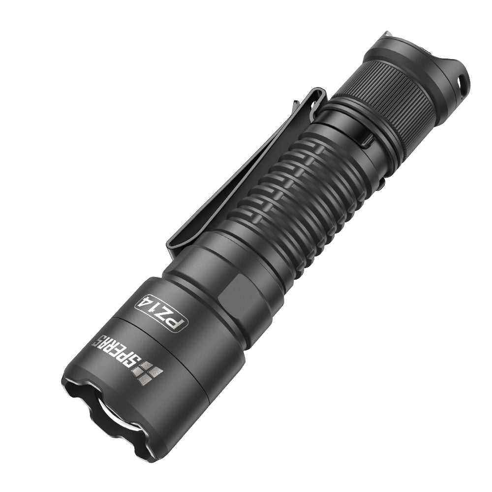 SPERAS PZ14 1000lm zoomable EDC flashlight side profile showing pocket clip and aerospace-grade aluminum body