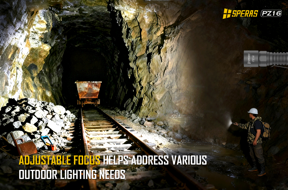 SPERAS PZ16 adjustable focus zoomable hunting flashlight transitioning from flood to spot beam