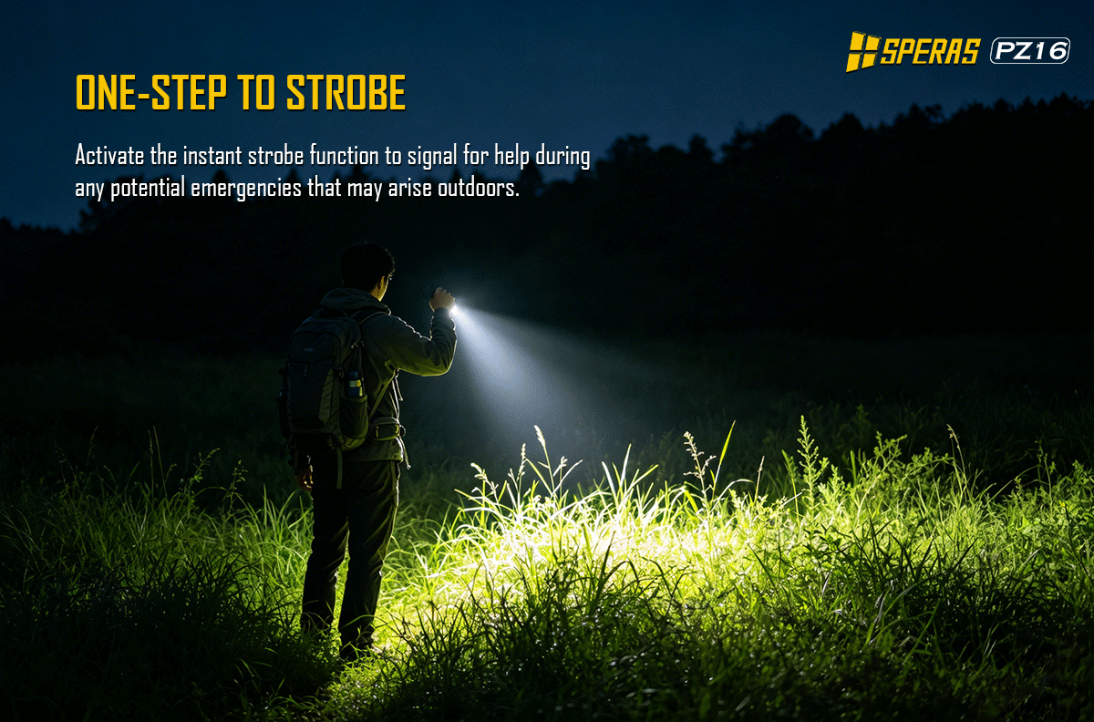 SPERAS PZ16 one-step to strobe tactical function used by an outdoor explorer in darkness