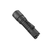 Bottom angled view of the SPERAS PZ16 waterproof tactical torch, featuring the rugged anti-slip knurling and tactical tail switch.