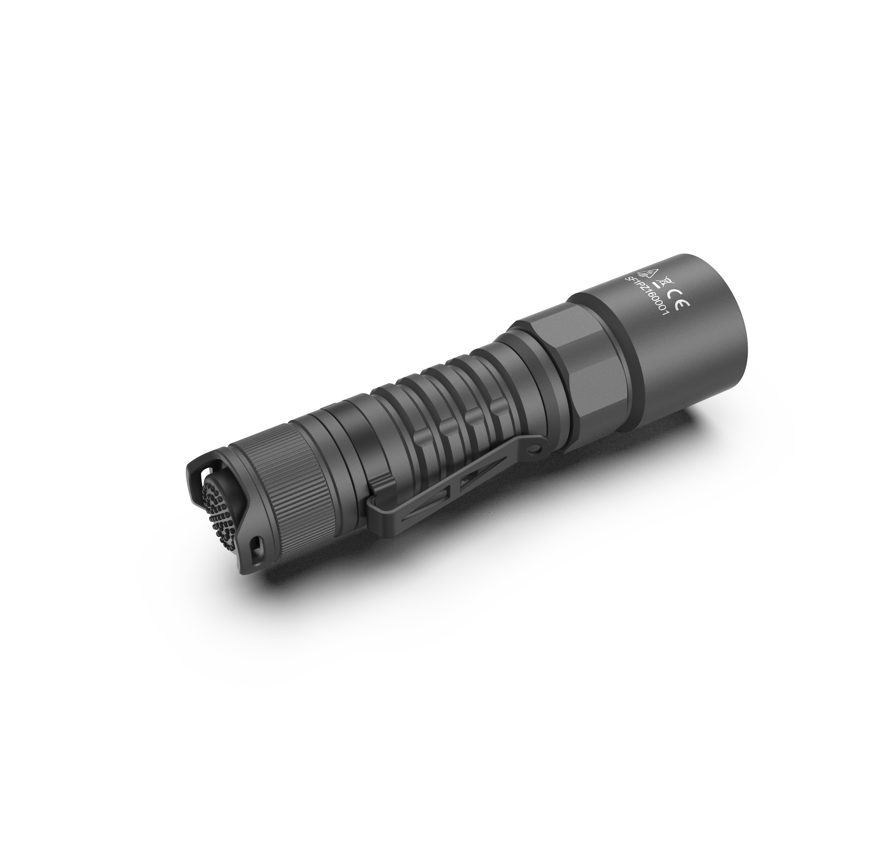 Rear view of the SPERAS PZ16 predator light, detailing the one-step to strobe tactical tail cap and lanyard attachment points.