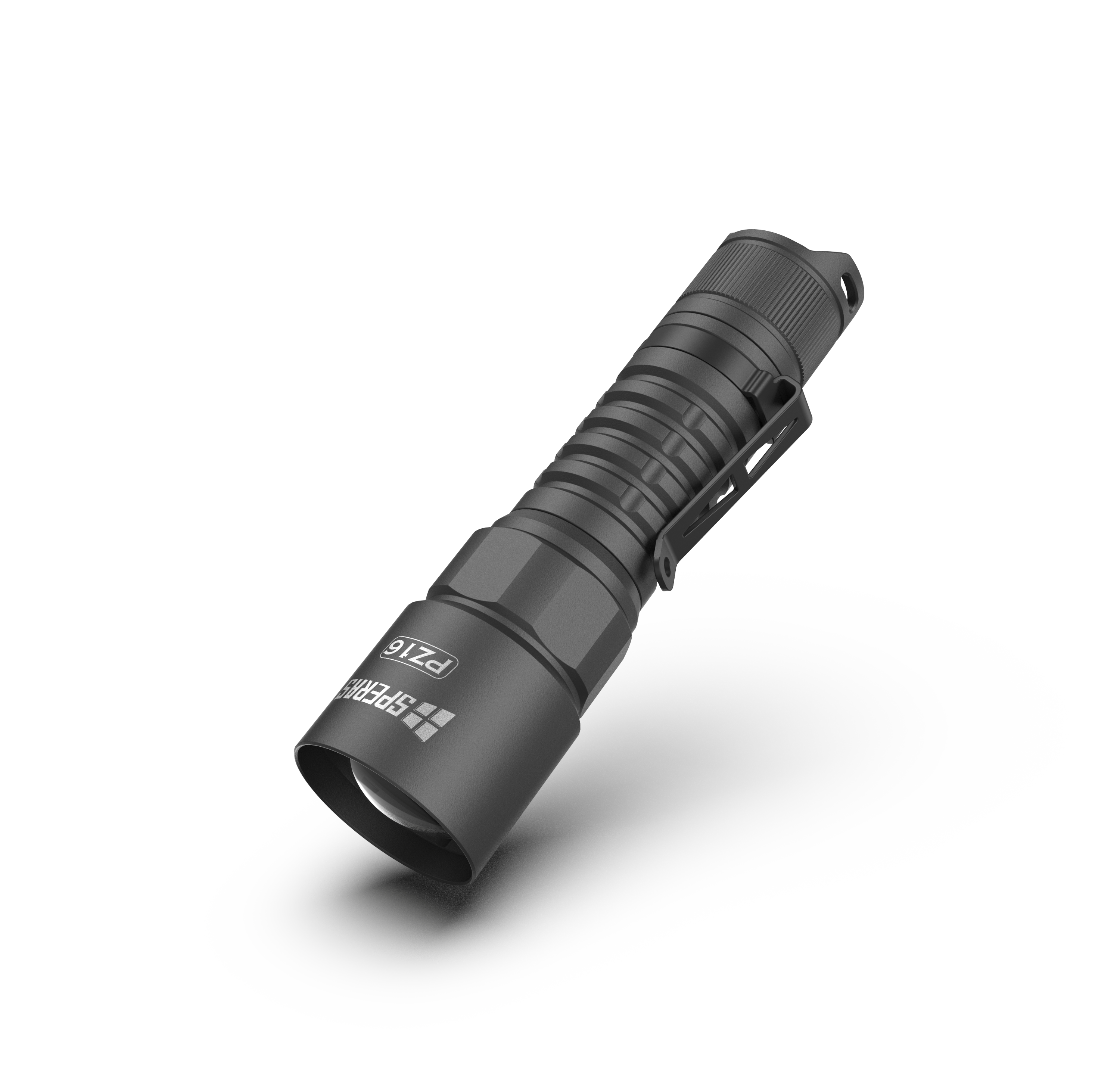 Front angled view of the SPERAS PZ16 zoomable tactical hunting flashlight, showing the precision convex lens and heavy-duty pocket clip.