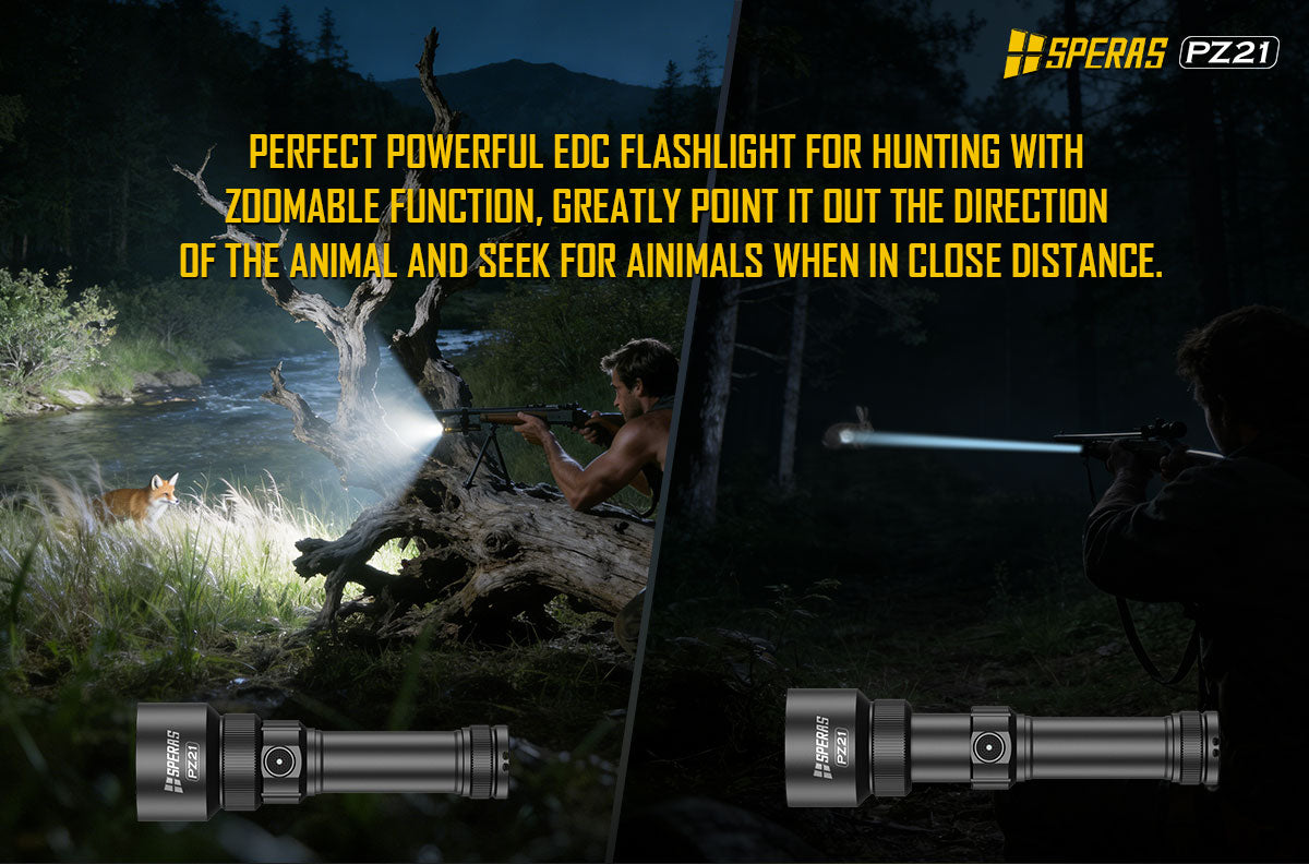 SPERAS PZ21 powerful EDC flashlight for hunting exploration and wildlife observation with zoomable function