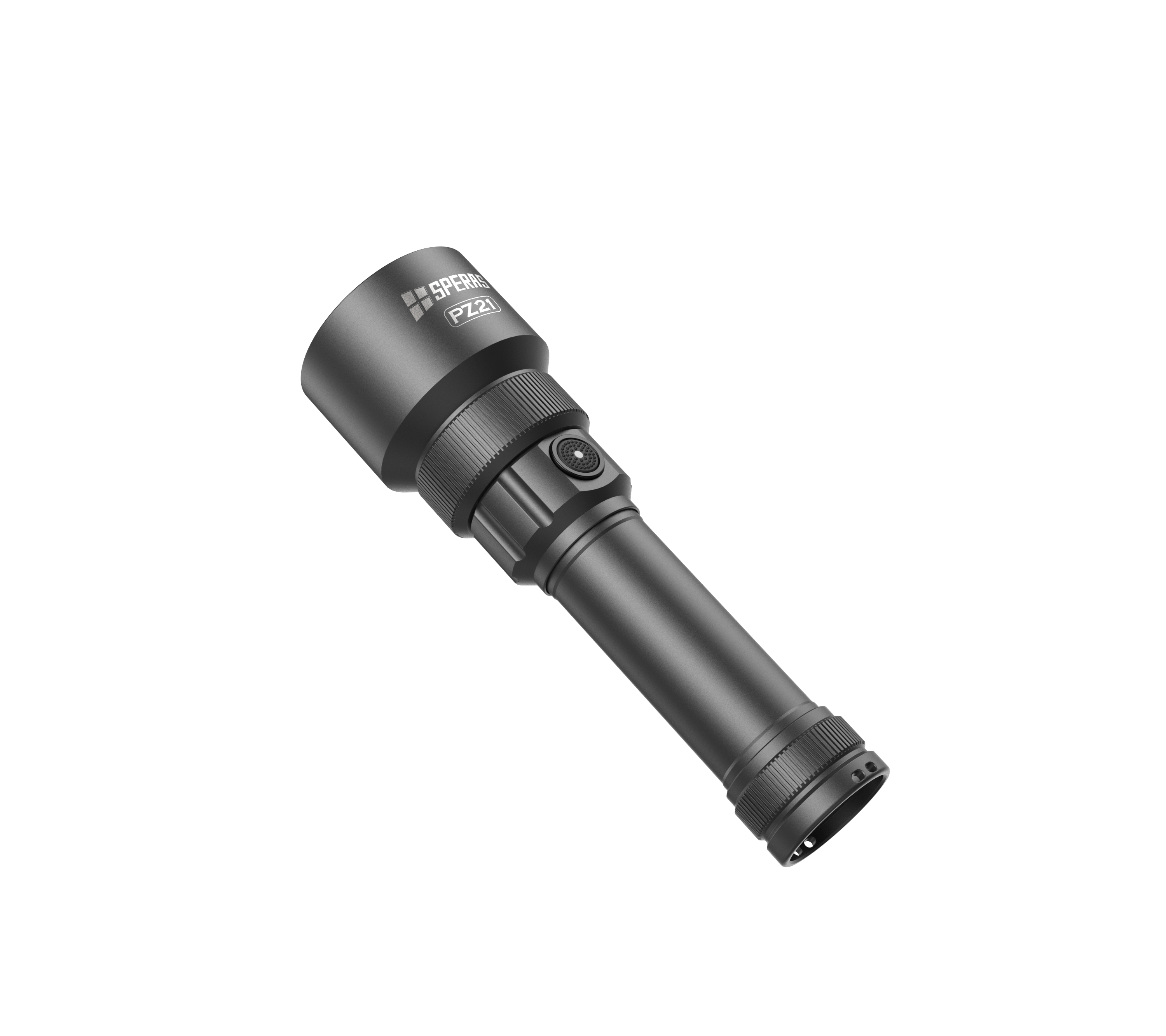 SPERAS PZ21 high-powered flashlight front-diagonal angle showing knurled grip texture