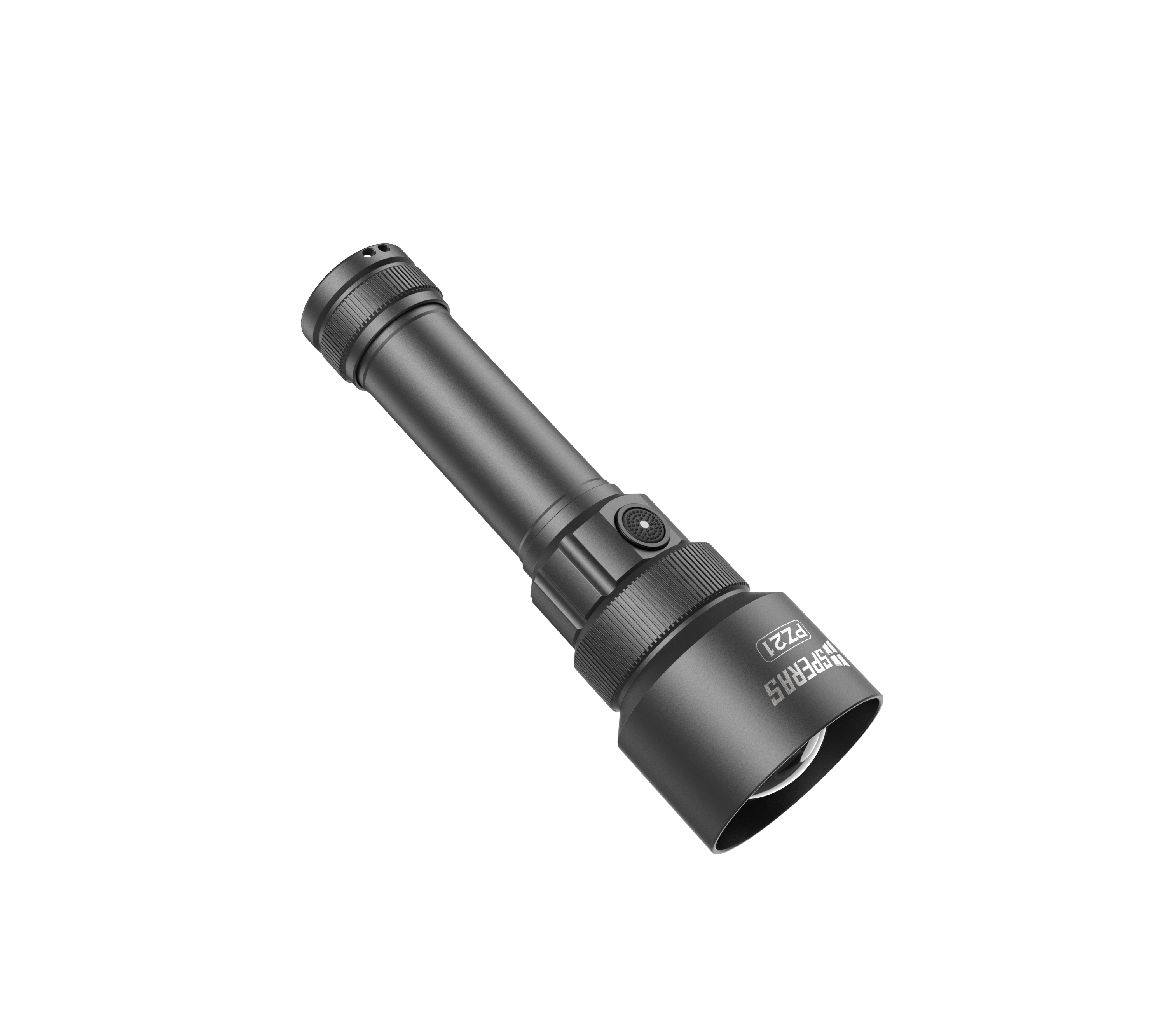 SPERAS PZ21 tactical flashlight rear-diagonal view highlighting tail cap switch details.