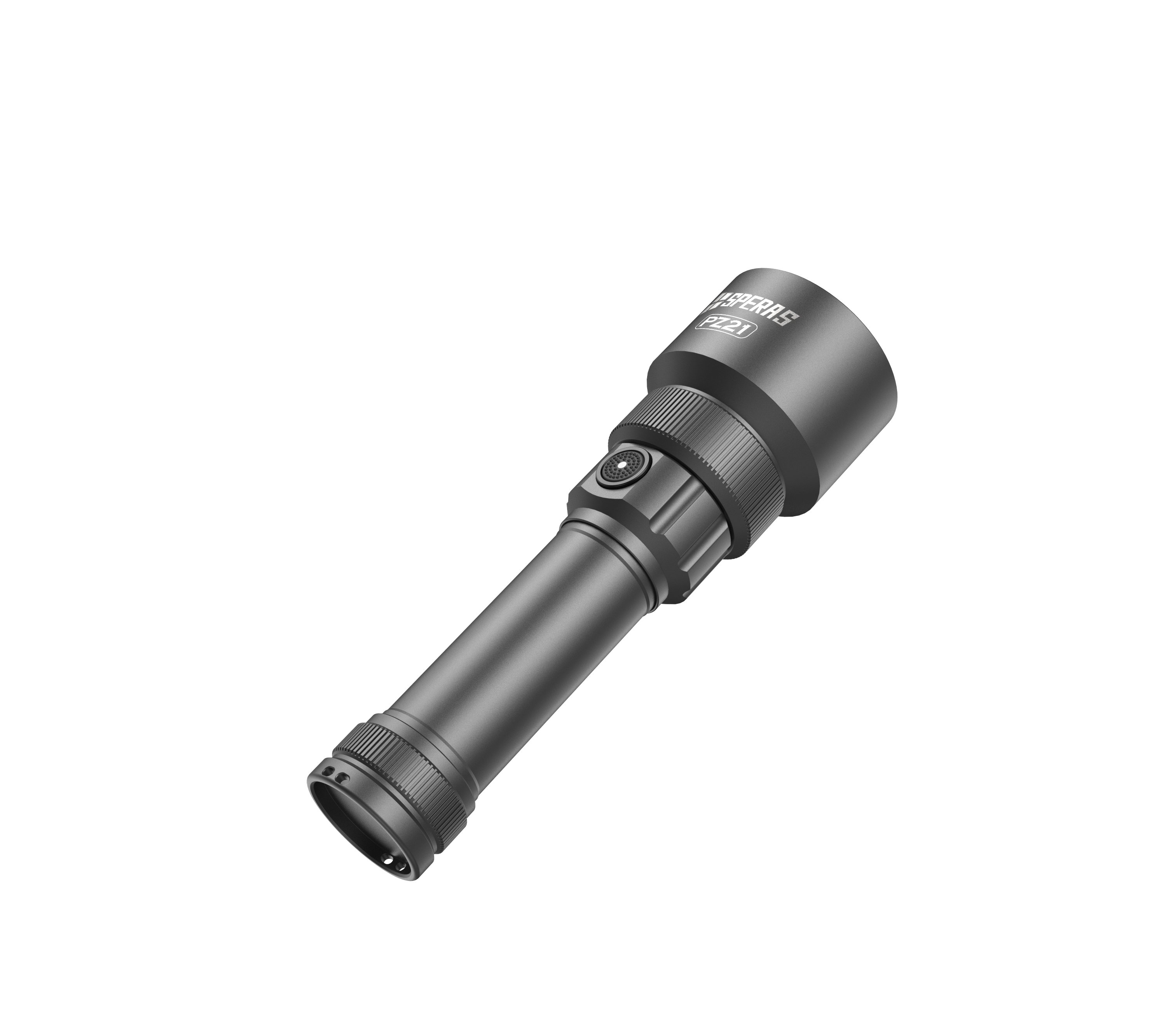 Downward perspective of SPERAS PZ21 rechargeable flashlight head bezel from a front-diagonal view.