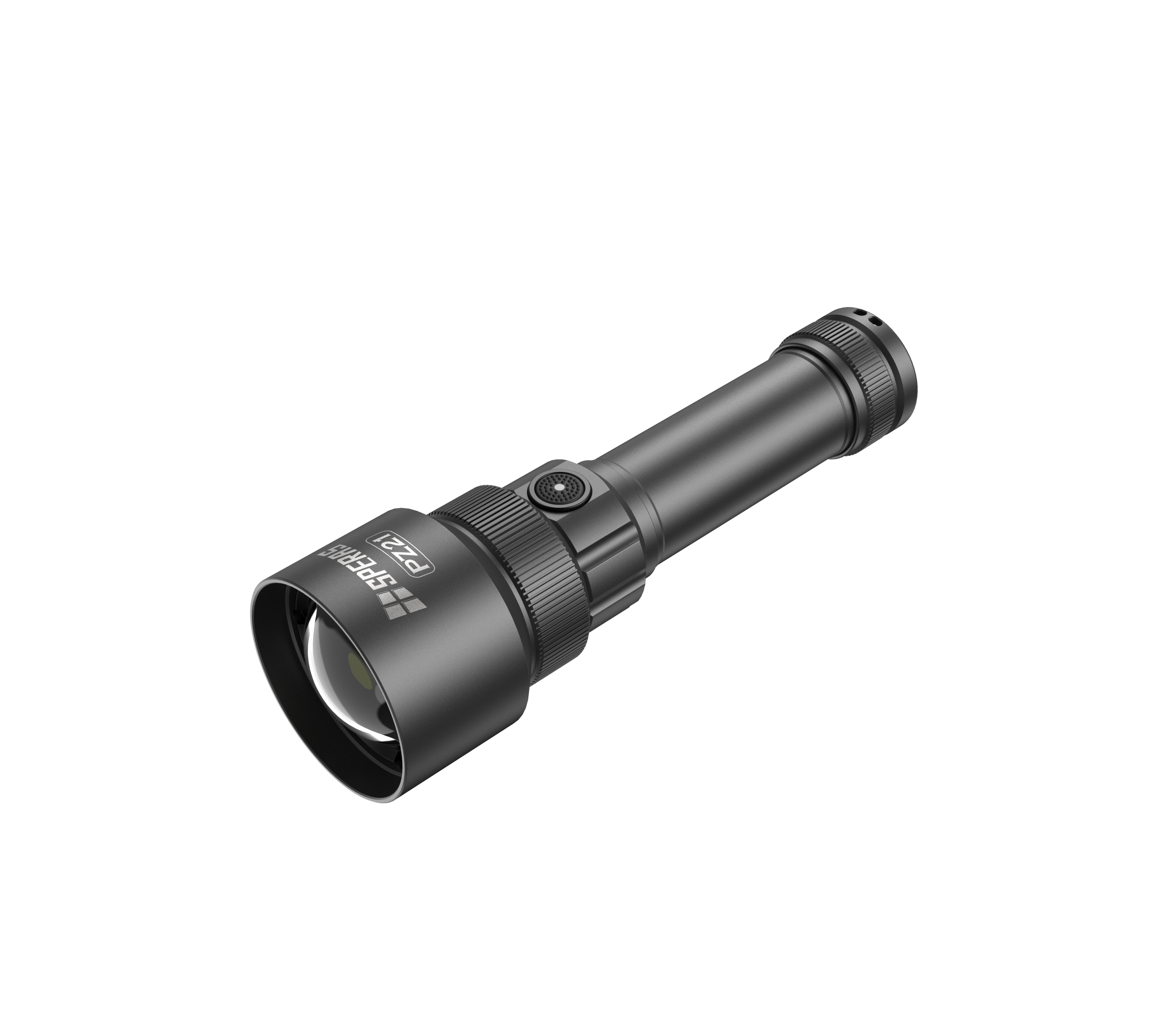 Close-up head-on view of the SPERAS PZ21 powerful flashlight optical lens and head assembly.