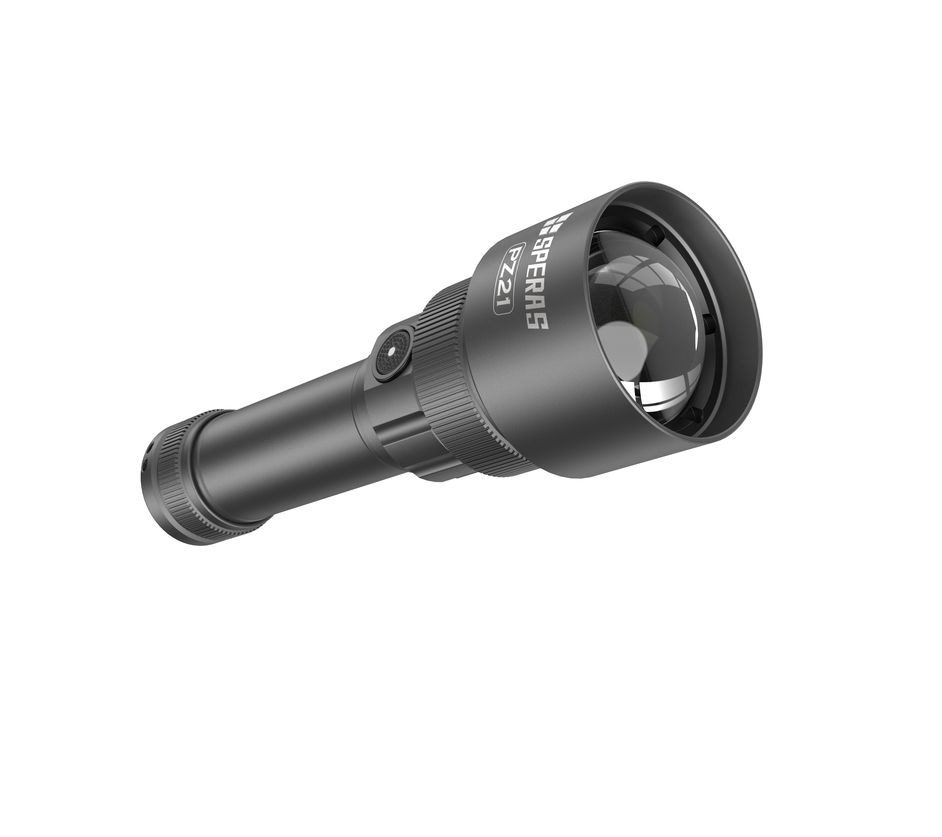 Diagonal view of SPERAS PZ21 tactical zoom flashlight body pointing downwards, showing construction details.