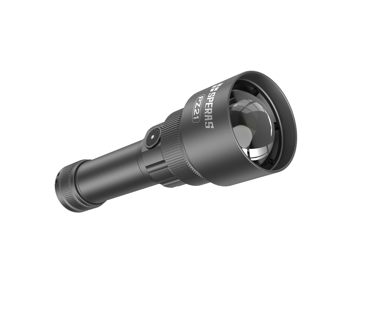 Diagonal view of SPERAS PZ21 tactical zoom flashlight body pointing downwards, showing construction details.