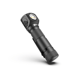 Front angle of SPERAS SH18 right-angle flashlight showing the oversized tactile control button