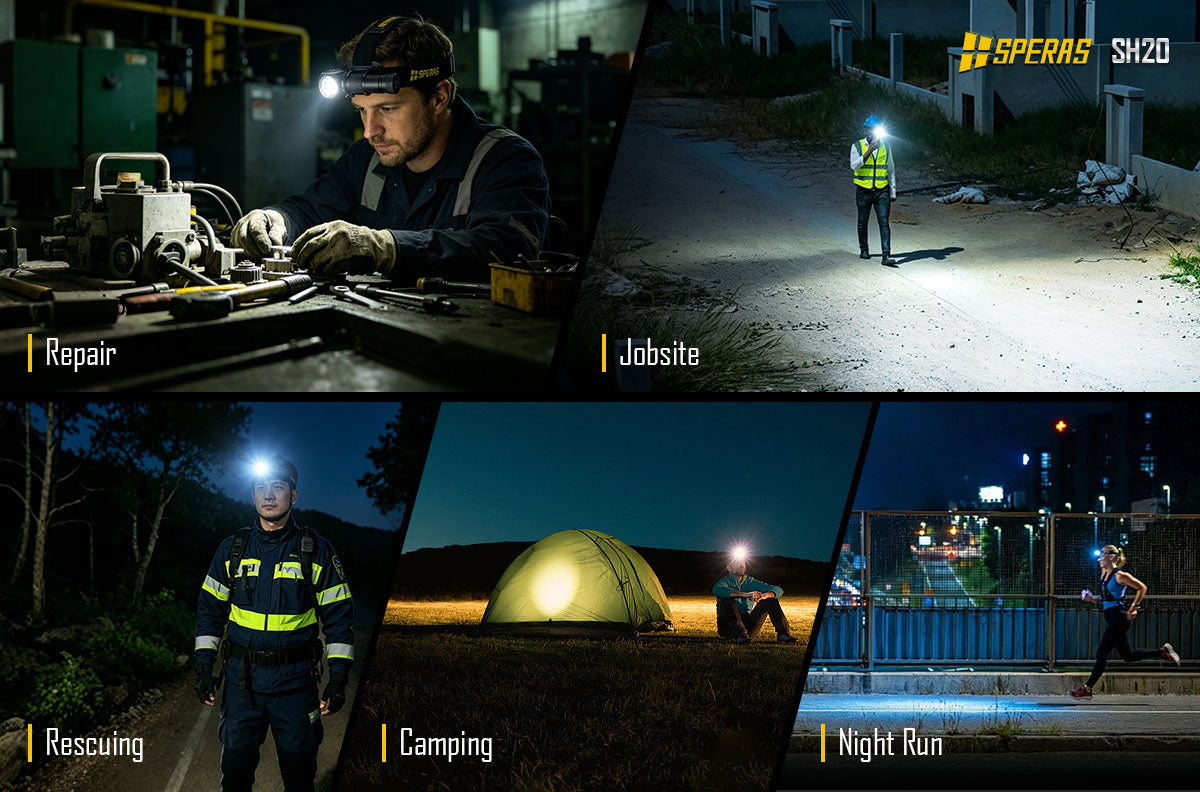 Night runner illuminating path safely with SPERAS SH20 ultra wide floodlight headlamp