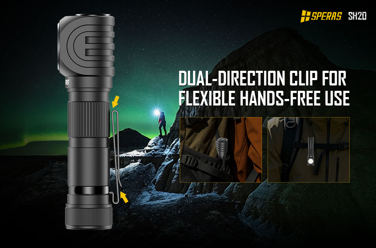 SPERAS SH20 right-angle flashlight clipped to backpack strap for outdoor EDC