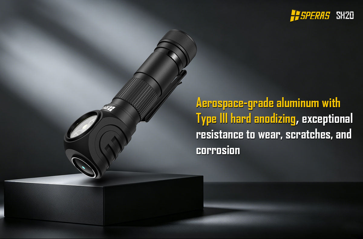 SPERAS SH20 right-angle flashlight constructed from aerospace-grade aluminum with Type III hard anodizing, providing exceptional resistance to wear, scratches, and corrosion.