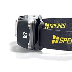 Side profile view of SPERAS B7 hybrid power headlamp showcasing compact lightweight housing design