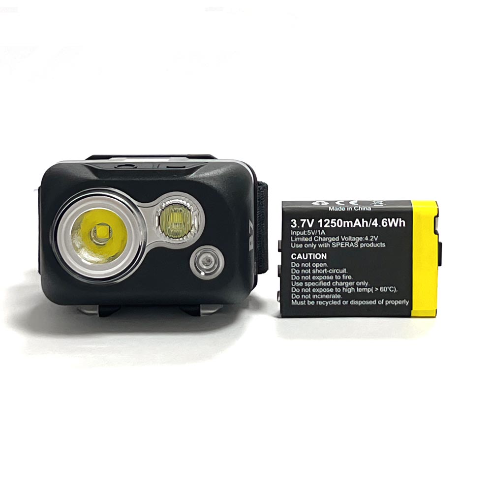 SPERAS B7 rechargeable headlamp next to its 1250mAh lithium-ion battery pack for USB-C daily runs